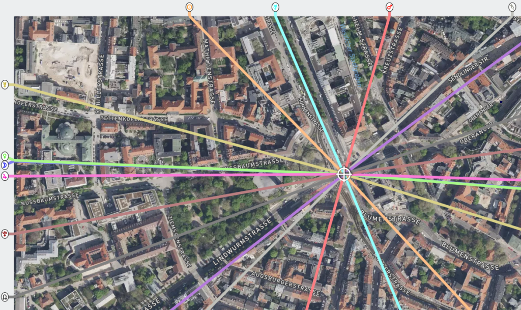 Beispiel der Local Space Linien der Standortastrologie in Satellitenansicht